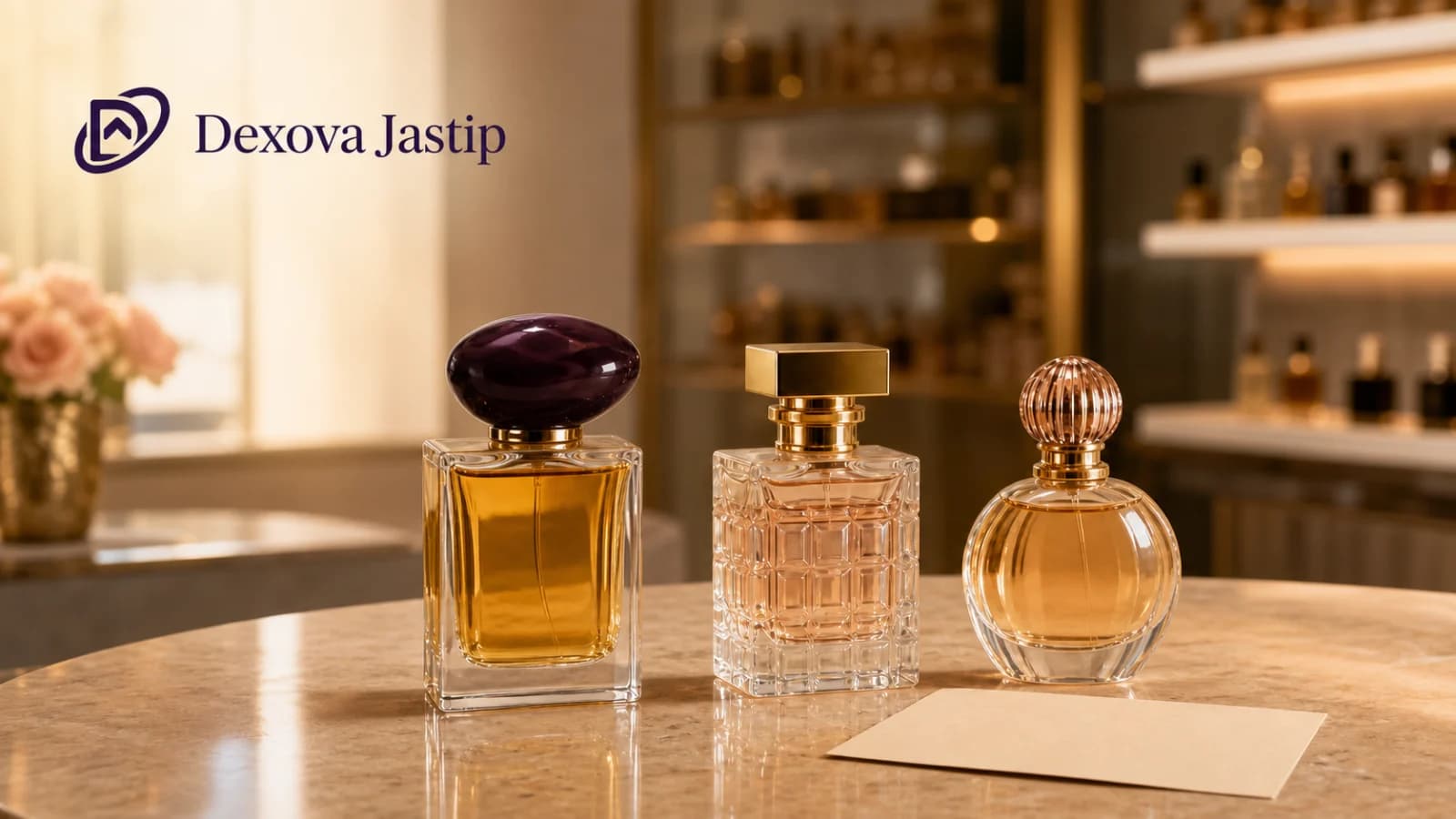 Tiga botol parfum di butik Dubai dengan tanda tangan visual Dexova Jastip