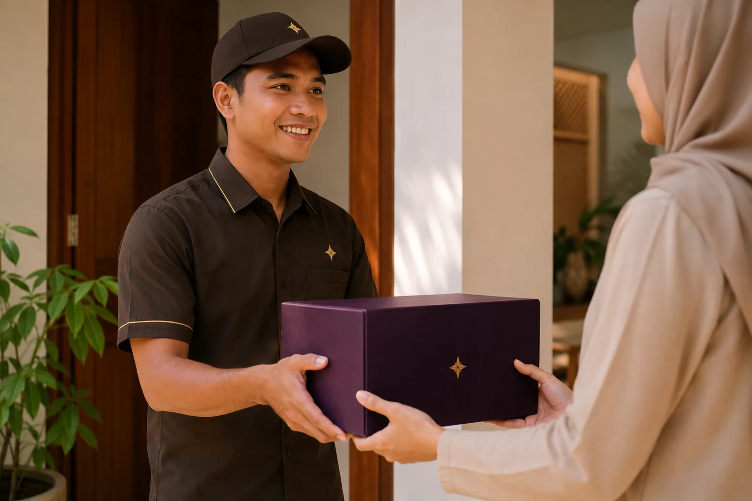 Kurir mengantar paket ke rumah pelanggan