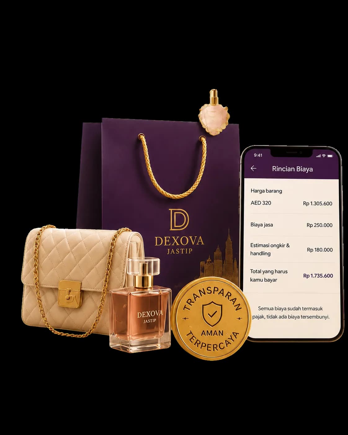 Contoh titipan Dexova dari Dubai — tas dan parfum dengan rincian biaya transparan di aplikasi.