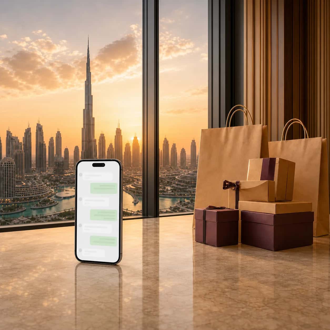 Titipan belanja dan ponsel dengan latar Dubai